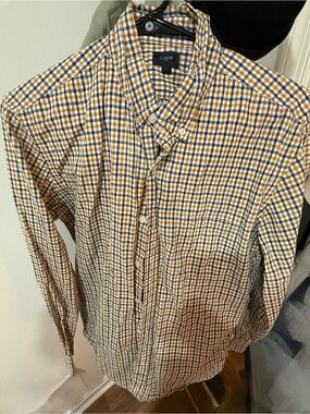 J. Crew Men's Yellow and Navy Check Button-Down Shirt